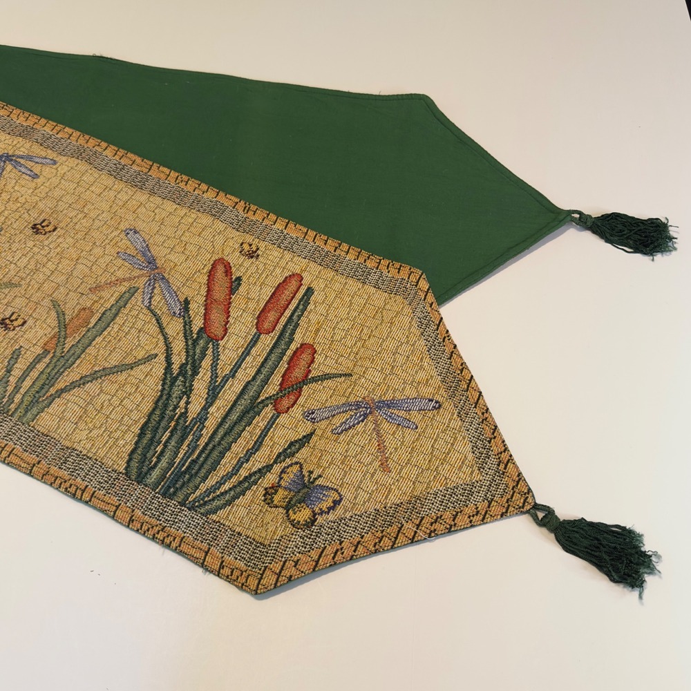 Woven Tapestry Table Runner Green Gold Dragonfly Nature 39x12 Vintage Whimsical